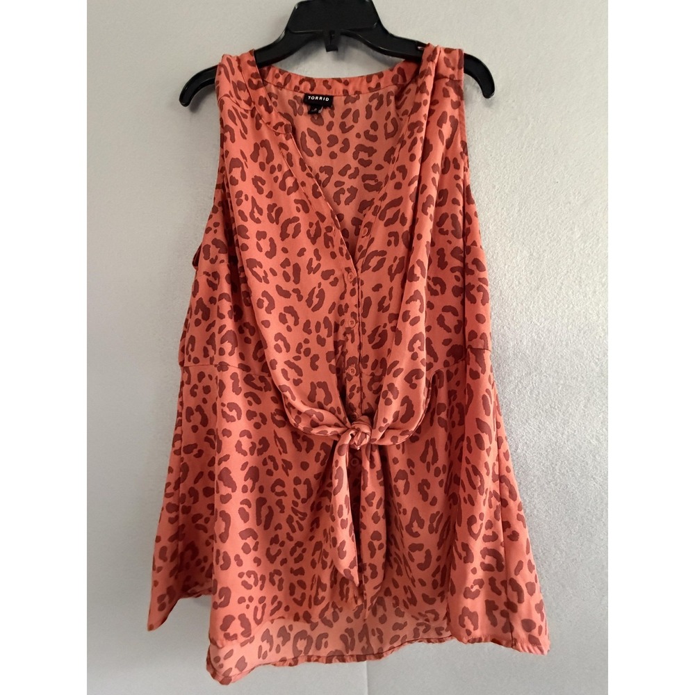 Torrid Blouse Womens 0 Orange Leopard V Neck Tie Front Sleeveless‎ Tunic Top